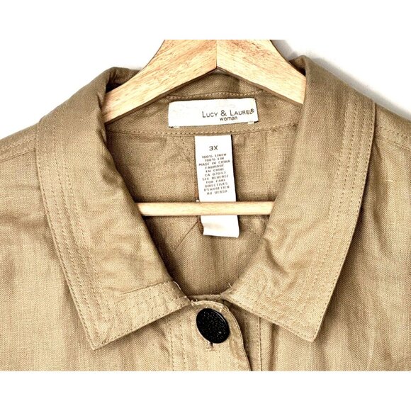 Lucy & Laurel Womens Shirt 100% Linen Button Up Top Collared Beige Size 3X - Picture 5 of 16